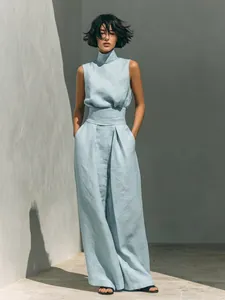 Elegant light blue sleeveless cotton linen top and wide-leg trousers vacation set for women