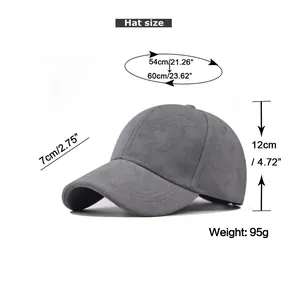 Specification detail of a grey adjustable suede baseball cap showing dimensions and weight.