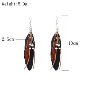 Elegant bohemian long feather earrings with vintage beads and 10cm length for women