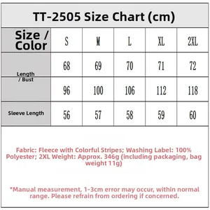 Size chart for striped hooded sweatshirt in sizes S to 2XL with detailed measurements