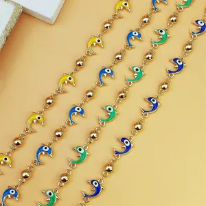 Bohemian Gold Plated Copper Enamel Dolphin Whale Charm Bracelet With Evil Eye Beads Marine Style Vacation Jewelry For Girls