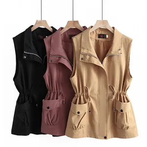 Detail view of casual drawstring waist vests in black, rose, and khaki colors.