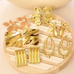 Exaggerated Geometric Stainless Steel Earrings Gold Plated Irregular Floral Leaf Sea Star Artificial Pearl Enamel Jewelry For Women