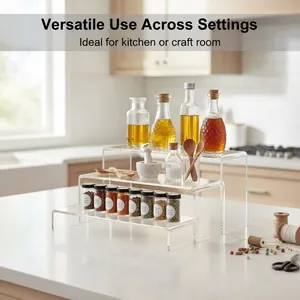 Clear 3-tier acrylic display stand organizer used for kitchen spices and craft supplies