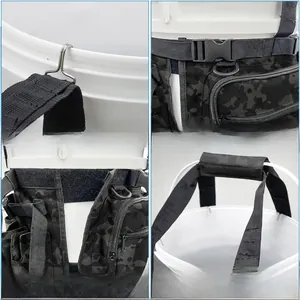 Detailed view of fishing bucket organizer with adjustable straps and padded handle