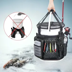 Camouflage fishing bucket organizer bag featuring multi-pocket rod and plier holders