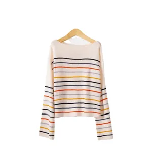 Women's casual striped knit sweater with round neck and long sleeves in a loose fit