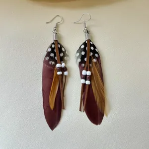 Bohemian Ethnic Natural Feather Drop Earrings For Women Retro Polka Dot Tassel Long Dangle Earrings Handmade Jewelry Gift