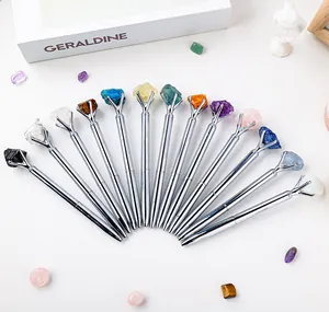 Natural crystal raw stone ballpoint pen in silver metal finish for creative stationery