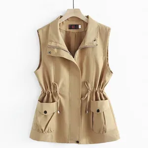 Khaki casual utility vest featuring adjustable drawstring waist and flap pockets
