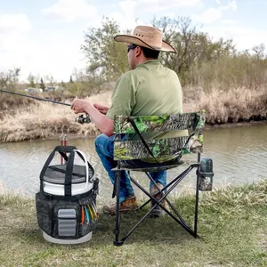 Durable camouflage fishing bucket organizer bag with multi-pockets for rod and tools