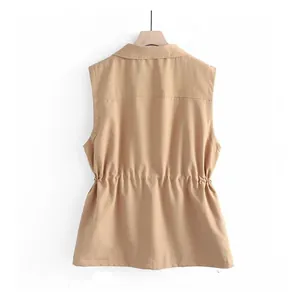 Detailed back view of a khaki drawstring waist vest for women showing the elastic waist