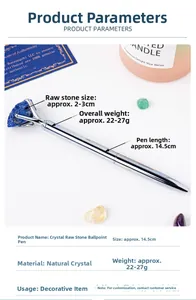 Silver metal ballpoint pen featuring a raw blue crystal at the top with dimensions