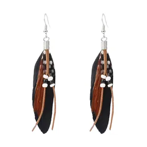 Bohemian long feather drop earrings with beads and suede tassels in ethnic retro style