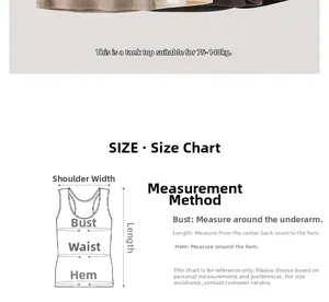 Detailed size chart and measurement guide for women's ribbed camisole tank top