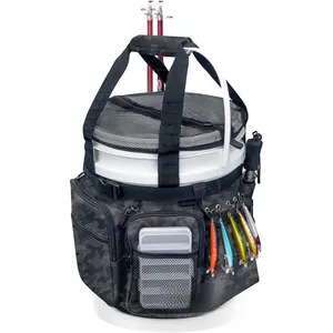 Multi-pocket fishing bucket organizer bag with rod and lure holders in camo pattern