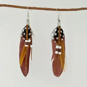 Elegant Bohemian long feather earrings with polka dot patterns and ethnic bead tassels