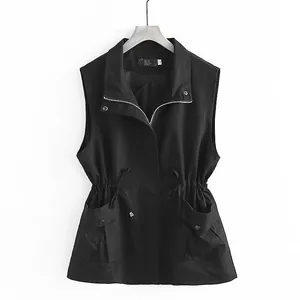 Detail of women's black casual vest jacket with adjustable drawstring waist and zipper closure