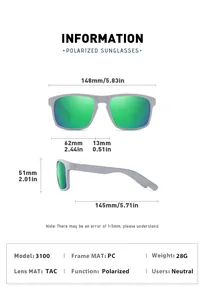 Detail view of polarized sports sunglasses 3100 with technical dimensions and material info