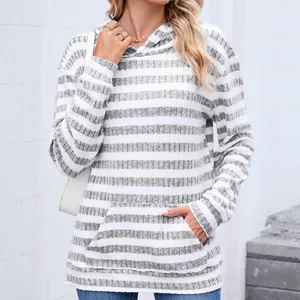 Casual grey and white striped hooded sweatshirt with front pocket and long sleeves