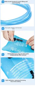 Detailed views of a 3L outdoor hydration bladder showing hose and cleaning instructions