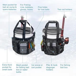 Camouflage fishing bucket organizer bag with multiple pockets and fishing rod holders.
