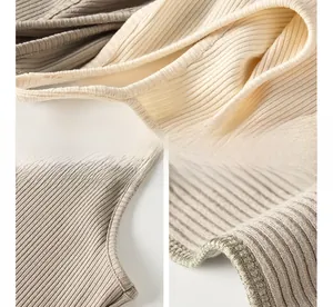 Close-up of women's ribbed knit tank top showing fabric texture and U-neckline detail