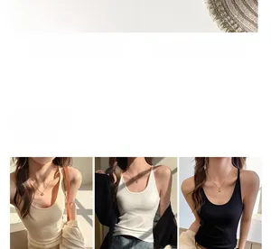 Close-up detail of slim fit ribbed tank tops in apricot, white, and black colors.