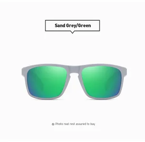 Sporty polarized sunglasses with sand grey frames and green mirrored lenses detail