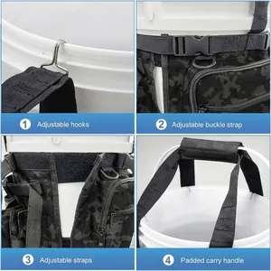 Camo fishing bucket organizer bag with adjustable straps and padded handle