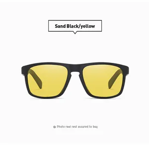 Detail of polarized sport sunglasses featuring sand black frame and yellow lenses.