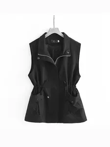 Elegant black women's sleeveless casual vest featuring a functional drawstring waist and zipper