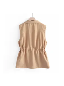 Back view of a casual khaki drawstring waist vest for women, loose fit sleeveless jacket