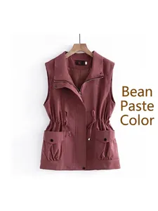 Casual dusty rose slimming vest for women featuring drawstring waist and pockets