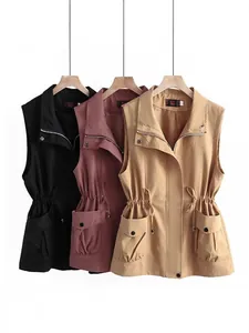 Women's casual drawstring waist vest in black, khaki, and mauve, spring autumn style.