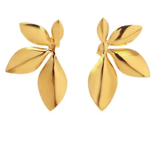 Statement gold-plated irregular leaf earrings for women, unique artistic floral jewelry.