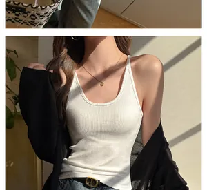 Detail shot of a white ribbed slim-fit tank top camisole for chic women's wear.
