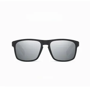 Sporty polarized sunglasses with silver mirror lenses and sand black frames view