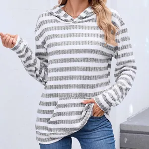 Casual grey and white striped hooded sweatshirt with front pocket for women