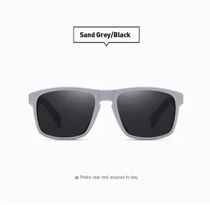 Close-up detail of stylish sand grey sports sunglasses with black polarized lenses