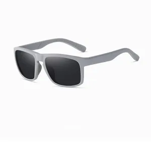 Matte grey rectangular frame sport sunglasses with polarized dark lenses side view