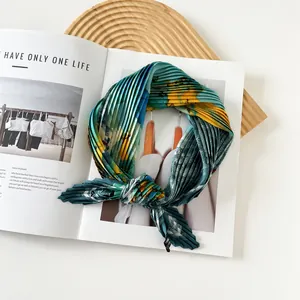 Floral pleated silk square scarf 70cm for women with elegant satin finish