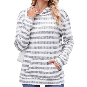Fashionable grey and white striped hooded sweatshirt with a front kangaroo pocket