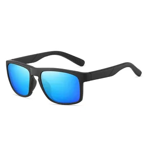 Polarized sports sunglasses featuring matte black frames and vibrant blue mirrored lenses