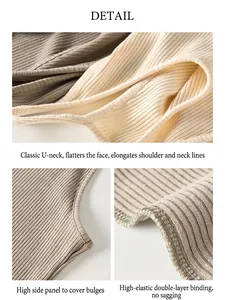 Detail view of women's ribbed camisole tank top with classic U-neck and elastic hem
