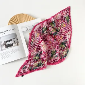Elegant pleated floral satin square scarf for women featuring fine vertical texture details