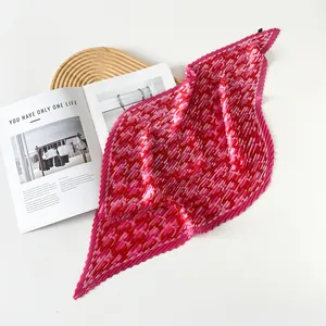 Elegant pleated red and pink printed satin square scarf for women 70cm neckerchief detail
