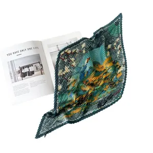 Elegant 70cm pleated satin silk square scarf with artistic floral print for women