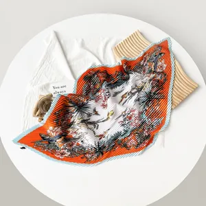 Elegant 70cm pleated square satin scarf featuring nature print with orange accents