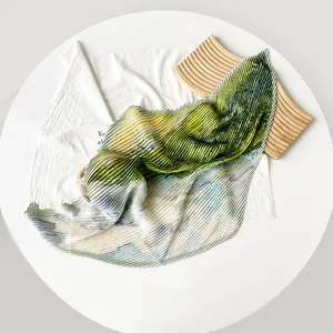 Elegant 70cm pleated square silk scarf with green and white abstract print for women.